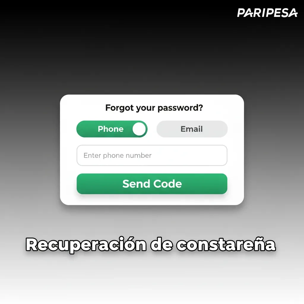 Pantalla de recuperación de contraseña con opciones por correo o SMS y campos para código y nueva clave.