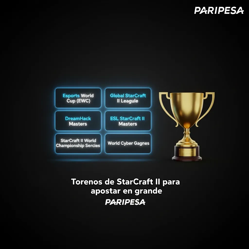 Cartel de torneos de StarCraft II (EWC, GSL, ESL, IEM) y referencia a apuestas basadas en llaves y forma reciente.