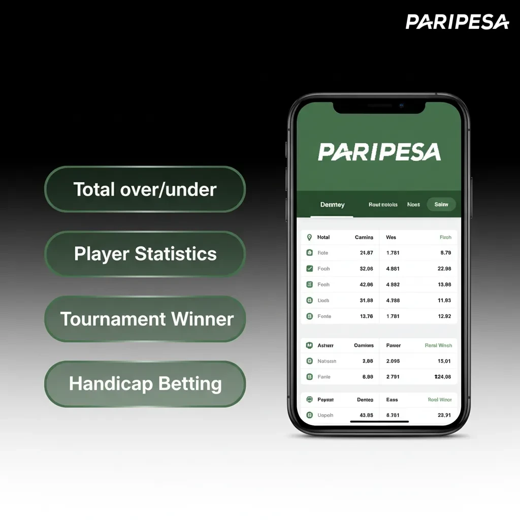 Infografía de la app Paripesa: tipos de apuesta Sencilla, Combinada, Sistema, Hándicap asiático y Más/Menos.