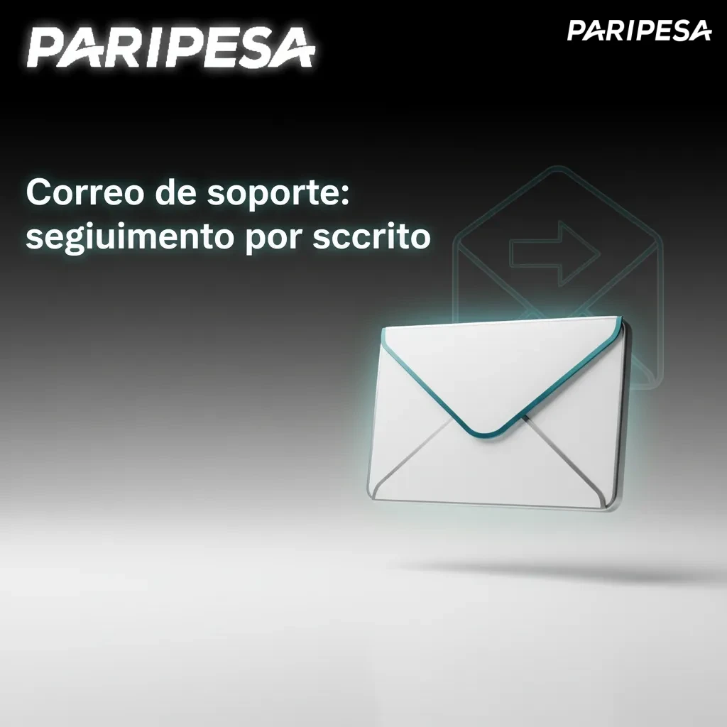 Correo de soporte Paripesa: icono de email con checklist, adjuntos y relojes 2–12 h y 24–72 h para seguimiento por escrito