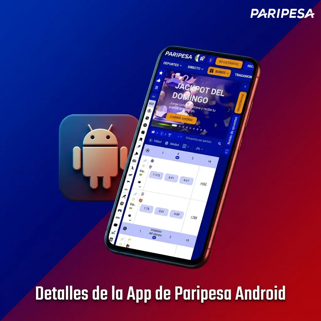 Teléfono celular mostrando la app gratuita de Paripesa Android para juegos de casino y apuestas deportivas.