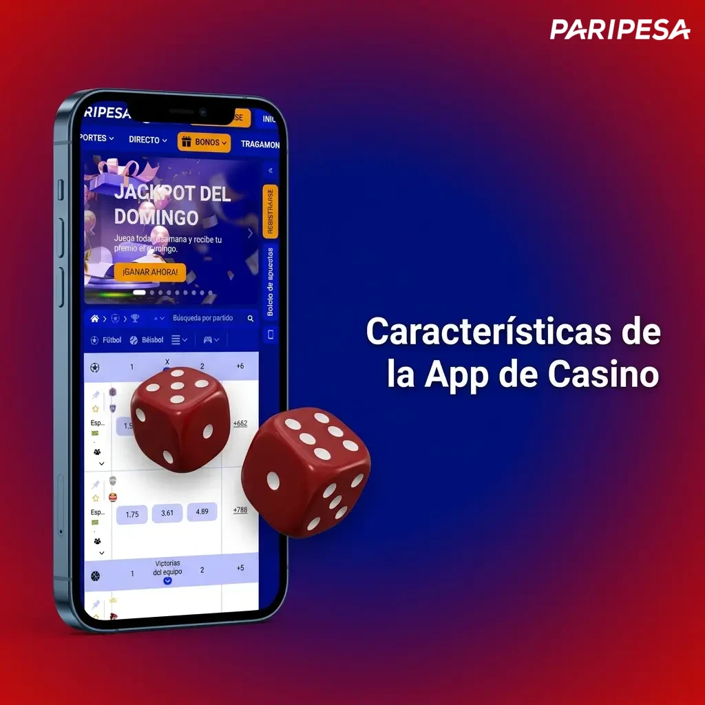 Interfaz de app de casino mostrando tragamonedas, ruleta y blackjack en vivo con crupieres reales, y opciones de bonos.