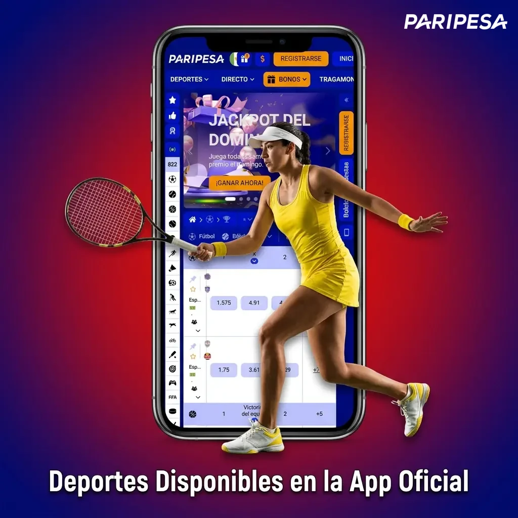 Lista de deportes en la app oficial Paripesa para apostar, incluyendo fútbol, baloncesto, tenis, béisbol y eSports.