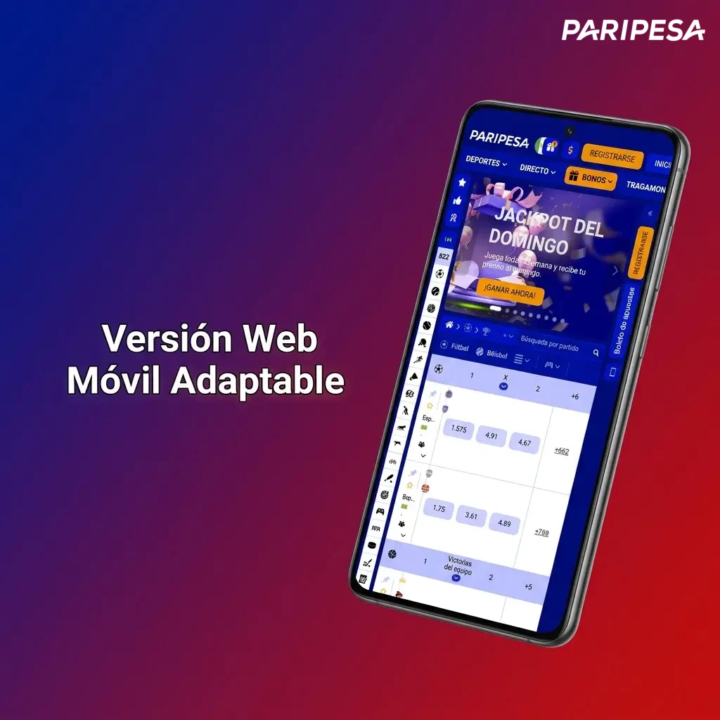 Versión web móvil adaptable de Paripesa, optimizada para navegadores con menú simplificado y apuestas sin descargas.